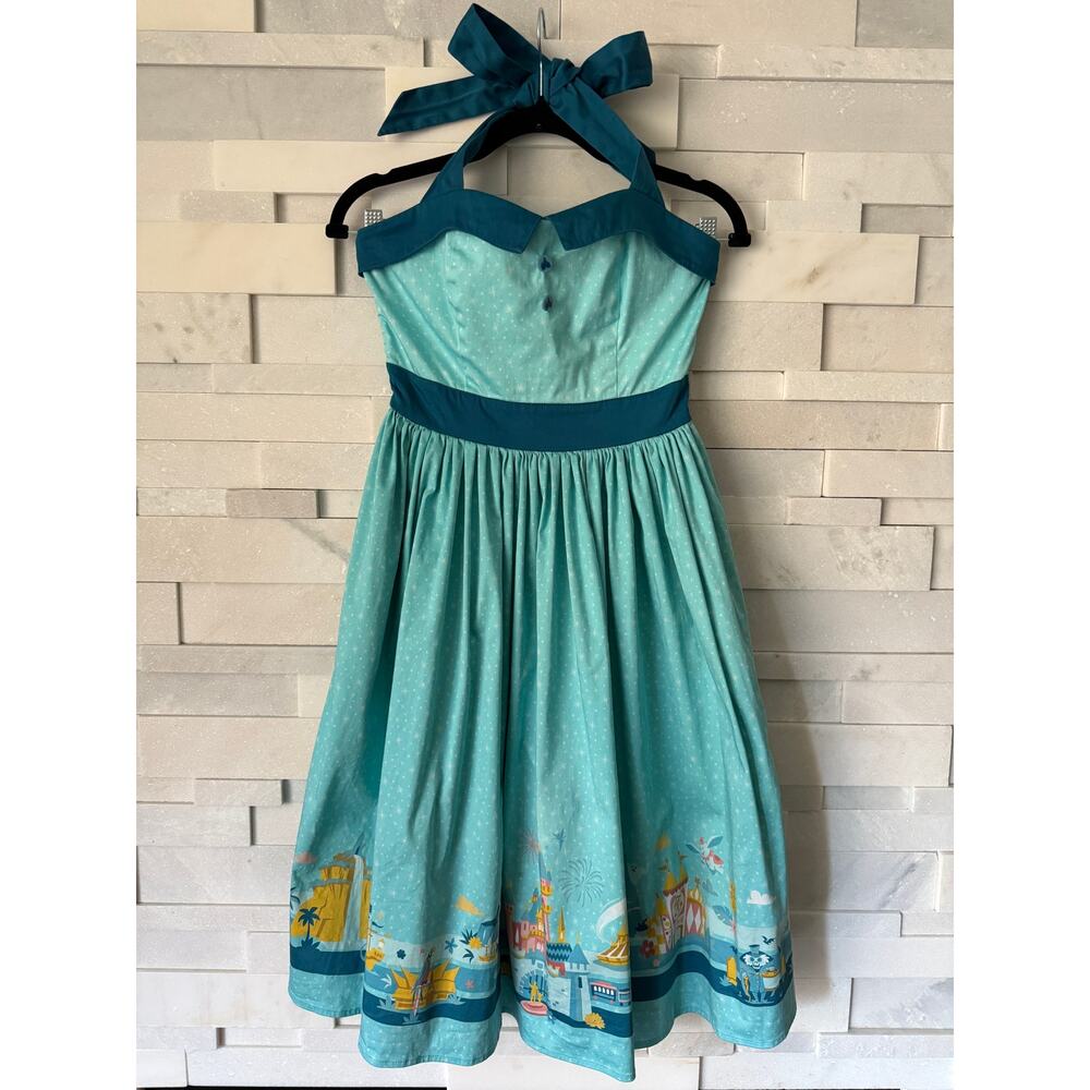 Aqua Halter Midi Dress with Scenic Border Print and Teal Accents